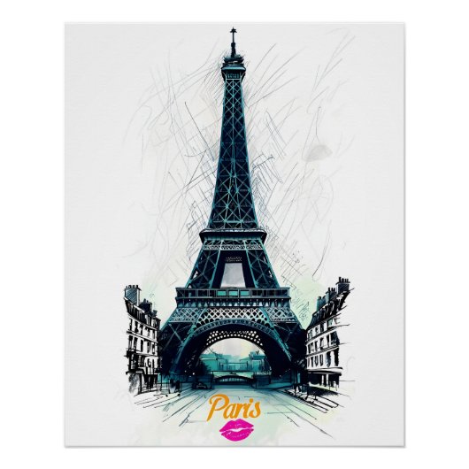 Poster Tour Eiffel croquis impression, dessin au trait, P (Devant)