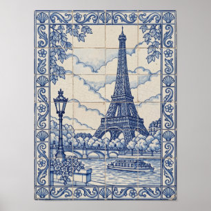 Poster Tour Eiffel de Paris Art Azulejo Bleu Portugais