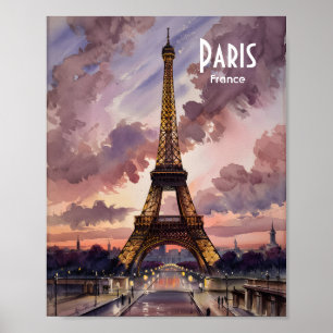 Poster Tour Eiffel de Paris Crépuscule Aquarelle Texte Pe