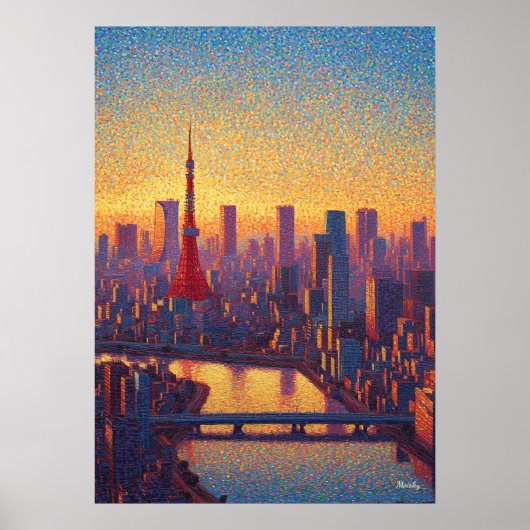 Poster Tour Eiffel de Tokyo Pointillisme Skyline Coucher  (Devant)