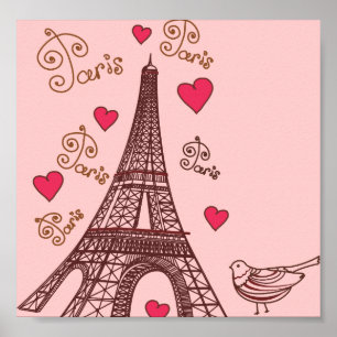 Poster Tour Eiffel et coeurs dans le rose