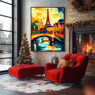 Poster Tour Eiffel et pont de Paris dans un style fauvist