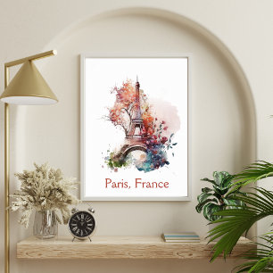 Poster Tour Eiffel Fleur Floral Aquarelle Paris France