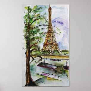 Poster Tour Eiffel Paris Aquarelle – Vue sur la rivière