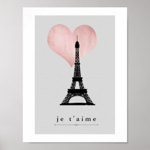 Poster Tour Eiffel Paris avec Coeur d'or Rose Je T'aime