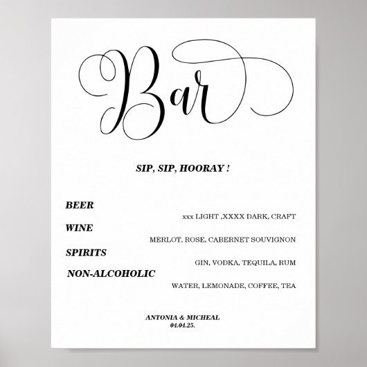 Poster Tourbillonnant Open bar Menu mariage panneau Poste (Devant)