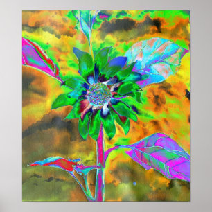 Poster tournesol Abstrait vert or   retro funky