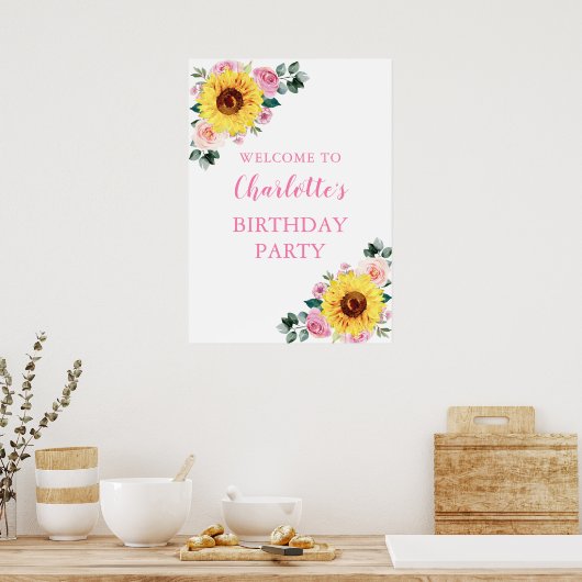 Poster Tournesol rose Aquarelle Florale fête d'anniversai (Cuisine)