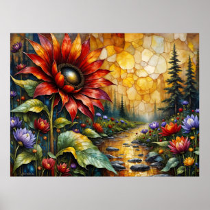 Poster Tournesol rouge dans la vallée près du ruisseau