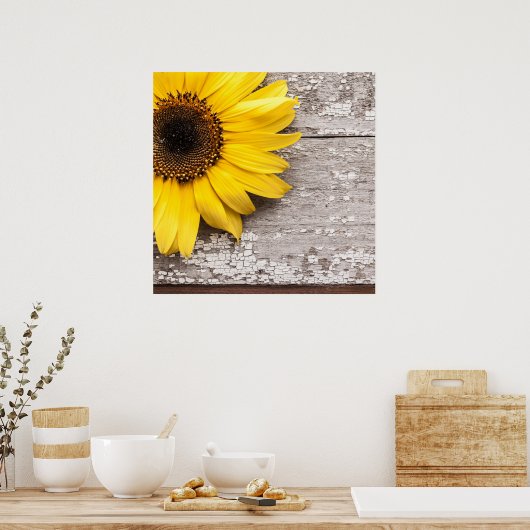Poster Tournesol sur une table en bois (Cuisine)