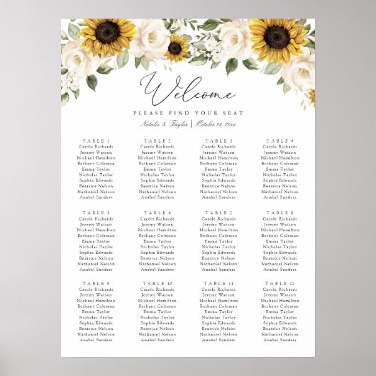 Poster Tournesol Vert Élégant Mariage Carte de siège (Devant)