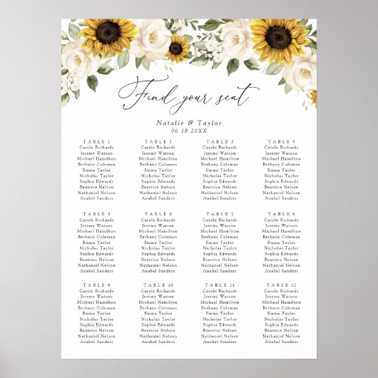 Poster Tournesol Vert Élégant Mariage Carte de siège (Devant)