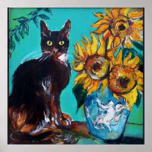 POSTER TOURNESOLS AVEC CHAT NOIR EN TURQUOISE BLEU