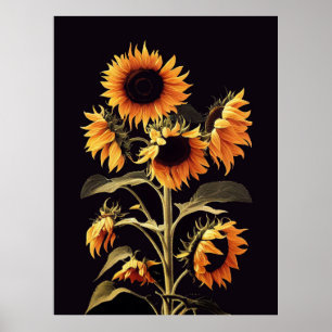 POSTER TOURNESOLS AVEC FEUILLES VERTES SUR FOND NOIR