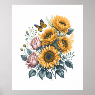 Poster Tournesols et Rose Aquarelle Peinture Bouquet