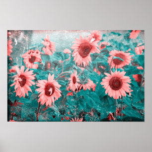 Poster Tournesols Texture Florale Rose Sarcelle Vintage G