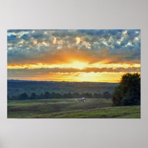 Poster Tracteur avec une balle de foin, Texas Ranch Sunri
