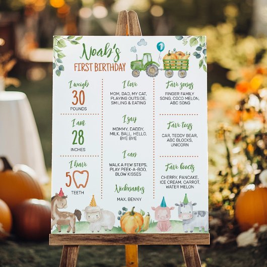 Poster Tracteur vert Animaux de ferme Anniversaire Jalon