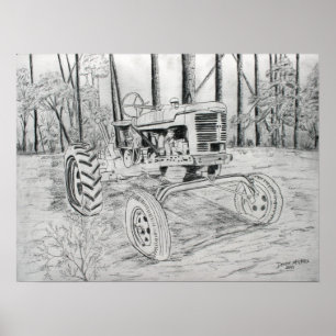 Poster tracteur vintage ferme noir et blanc art