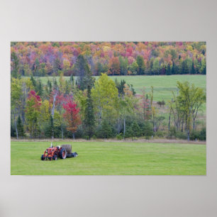 Poster Tractor with hay bale in green field with