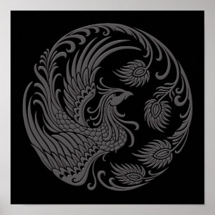 Poster Traditional Grey Phoenix Circle on Black