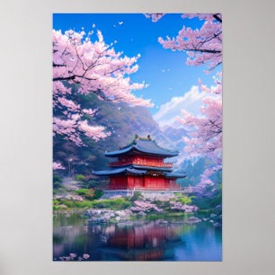Poster Traditional Japanese Temple by the Calm Lake