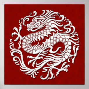 Poster Traditional White and Red Chinese Dragon Circle