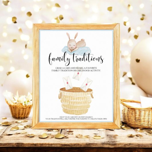 Poster Traditions familiales Baby shower Bleu Lapin