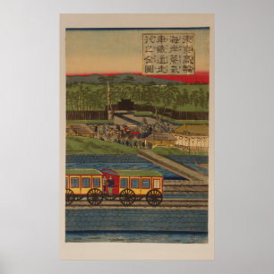 Poster Train à vapeur à la côte Takanawa, panneau Tokyo 3