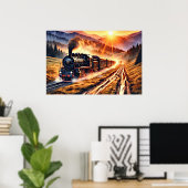 Poster Train à vapeur au coucher du soleil (Bureau à domicile)