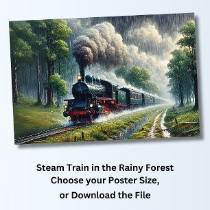 Poster Train à vapeur dans la forêt pluviale, chemin de f