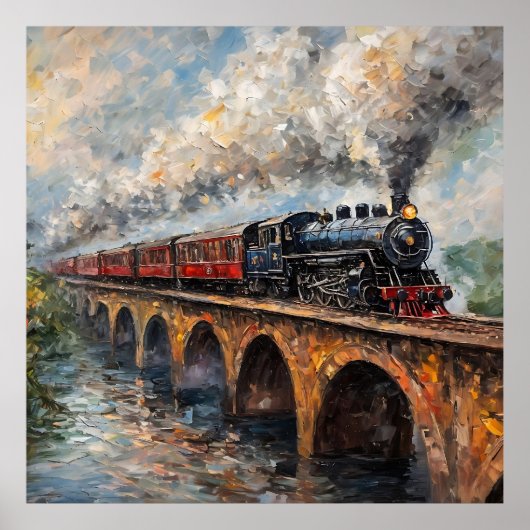 Poster Train à vapeur sur un pont - Peinture à l'huile (Devant)