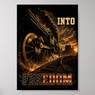Poster Train à vapeur vintage dans la liberté Drapeau amé