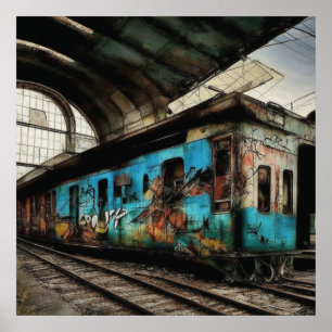 Poster Train abandonné avec graffitis d'art urbain de rue