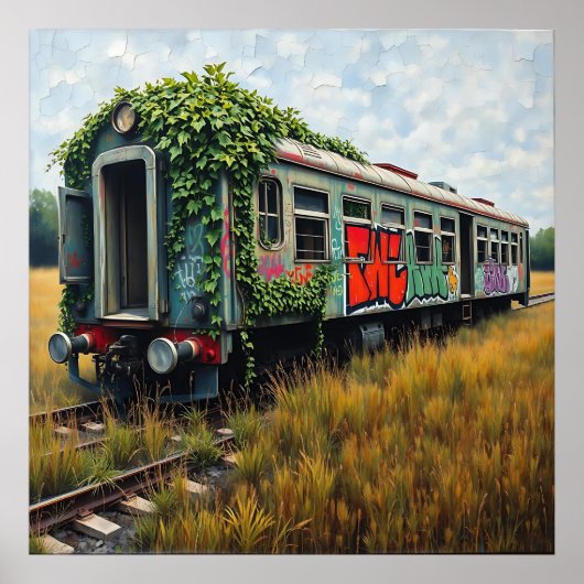 Poster Train abandonné recouvert de lierre et de graffiti (Devant)