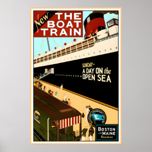 Poster TRAIN DE BATEAU Boston Maine Railroad Voyage en ba
