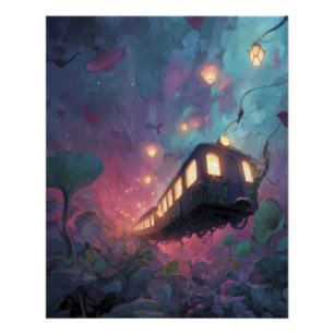 Poster Train de Lanternes Flottantes à Travers la Forêt d