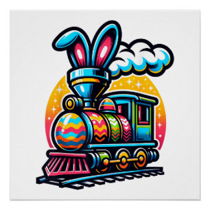 Poster Train de lapin Chemin de fer Œuf de Pâques Enfants