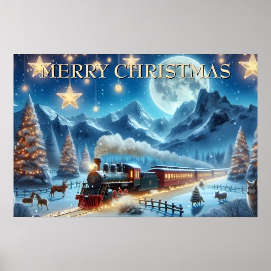Poster Train de Noël au clair de lune avec des animaux de (Devant)