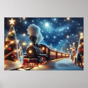 Poster Train de Noël sous un ciel étoilé au clair de lune