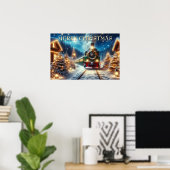 Poster Train de Noël vert dans un village enneigé (Bureau à domicile)