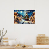 Poster Train de Noël vert dans un village enneigé (Cuisine)