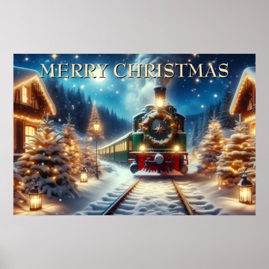 Poster Train de Noël vert dans un village enneigé (Devant)