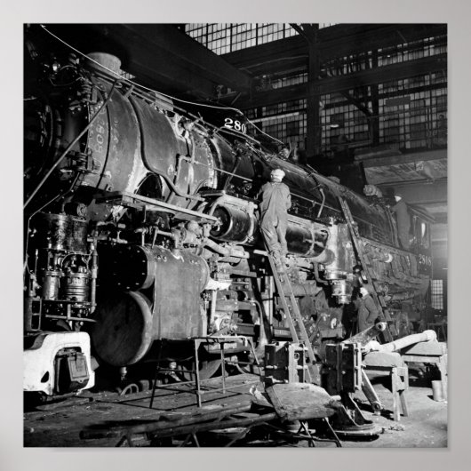 Poster Train En Réparation À Locomotive Shop - 1942 (Devant)