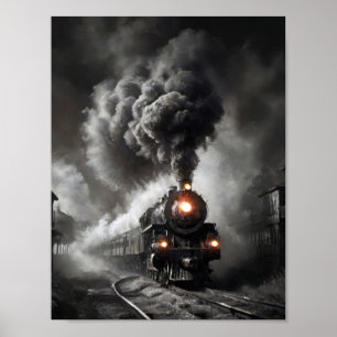 Poster Train fantôme à vapeur par une nuit sombre et orag