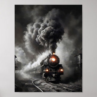 Poster Train fantôme à vapeur par une nuit sombre et orag