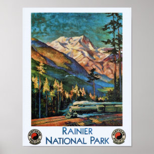 Poster Train Vintage du parc national du Mont-Rainier