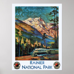 Poster Train Vintage du parc national du Mont-Rainier