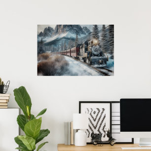Poster Train Vintage sur Voies d'Hiver avec Montagnes