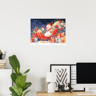 Poster Traîneau de Noël avec cadeaux et bonhomme de neige
